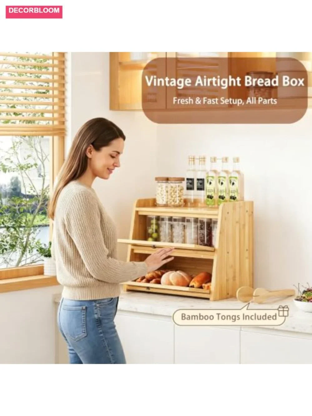 Double Layer Bamboo Bread Box with Window for Countertop